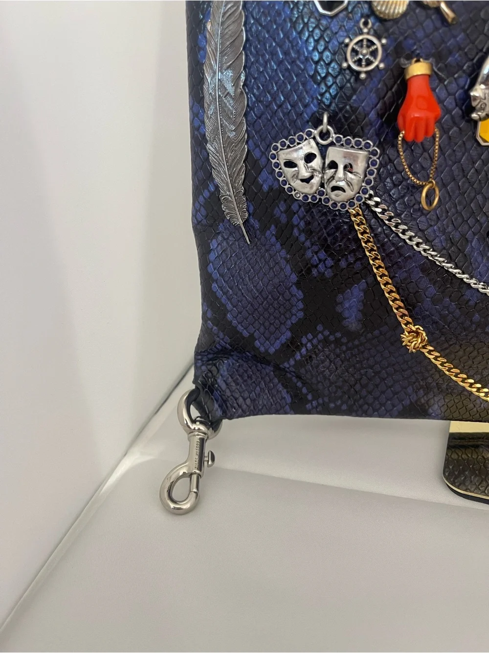 RARE Marc Jacobs Navy Snakeskin-Textured Charm Tote - Picture 8 of 11